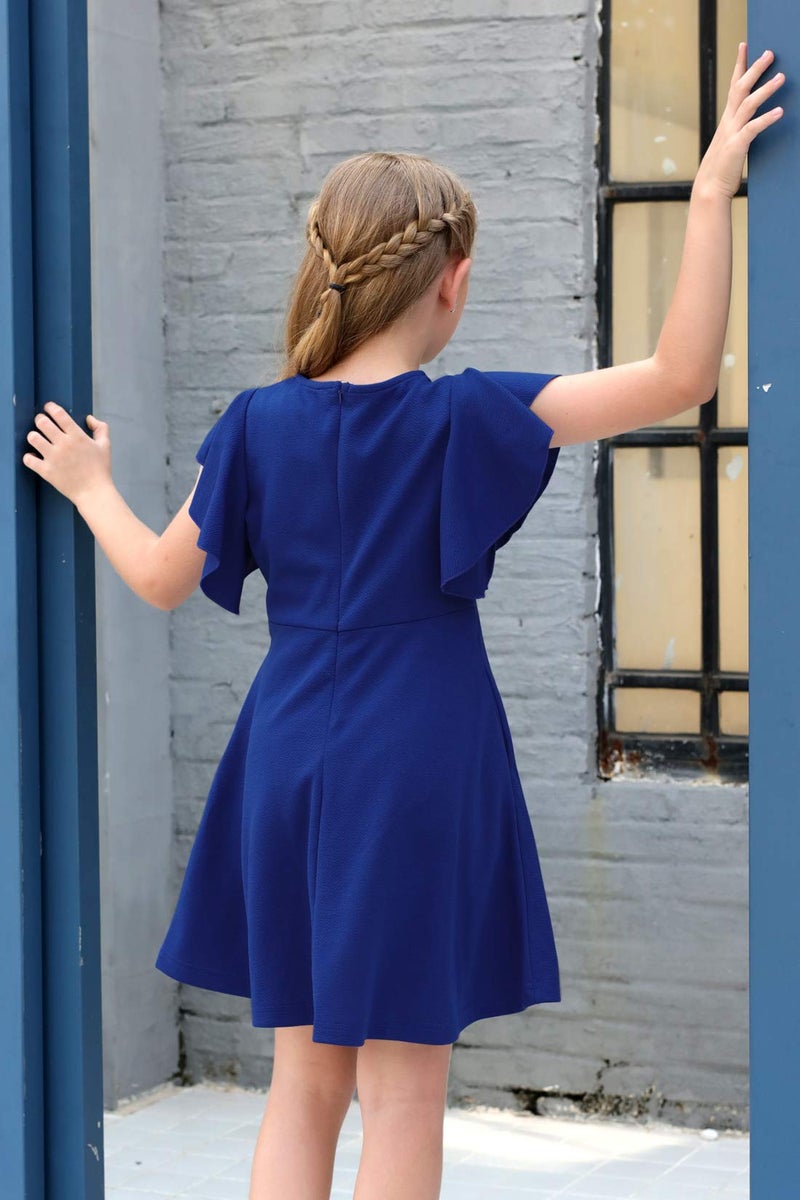 GORLYA Girl's Flutter Sleeve Stretchy A-Line Swing Flared Skater Party Dress with Pockets for 14 Years Kids (GOR1019, 14Y, Blue) - Image 2